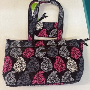 Vera Bradley Quilted Black Tote with Pink, Gray and White Floral Medallions